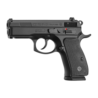 CZ 75 P-01 semi-automatic pistol in black, side profile with textured grip and safety lever; model name visible on slide.