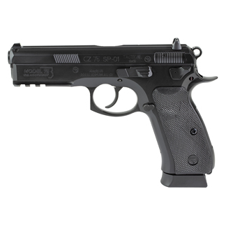 Side view of a black semi-automatic pistol with a textured grip and visible trigger guard.