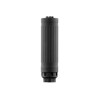 Black cylindrical tactical flashlight with ribbed grip and mounting collar.
