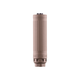 Tan cylindrical rifle muzzle device with vertical grooves and a threaded mount at the base.