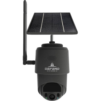 Outdoor solar-powered wireless security camera with a solar panel on top, an antenna to the side, and a front-facing lens housing.