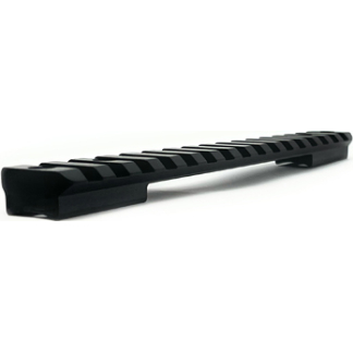 Black Picatinny rail segment with evenly spaced slots for mounting firearm accessories on a white background.
