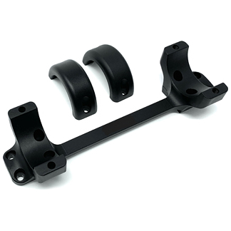 Black metal clamp assembly with a central bar and two semicircular clamps.