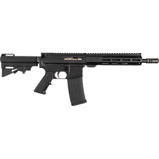 Black semi-automatic rifle with adjustable stock, quad-rail handguard, and a detachable 30-round magazine side view