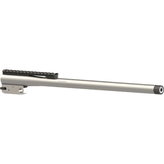 Silver bolt-action rifle receiver with a top mounting rail and threaded muzzle at the end, no stock visible.