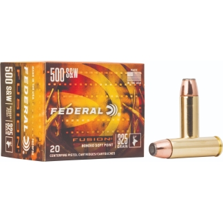Box of Federal Fusion 500 S&W 325‑grain bonded soft‑point pistol cartridges with two copper bullets beside it.