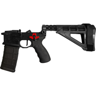 Black semi-automatic rifle with a polymer magazine, pistol grip, and collapsible stock. The red safety/selector switch is visible on the lower receiver.