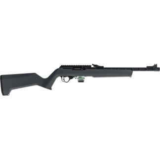 Semi-automatic rifle with a black polymer stock, long barrel, and mounted rail system; green drum-style magazine visible under the action.