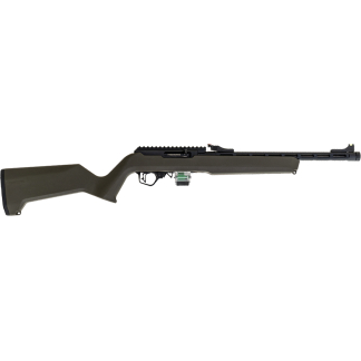 Olive-green bolt-action rifle in profile with long barrel, rail, and exposed magazine beneath the receiver.