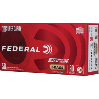 Federal 30 Super Carry pistol ammunition box in red, 50 rounds, 90 grain brass, with Federal logo.