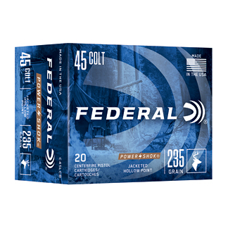 Federal 45 Colt ammunition box with Power-Shok branding, jacketed hollow point, 20 centerfire pistol cartridges, 235 grain (Made in USA).