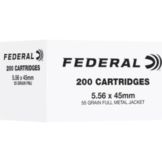 White Federal ammunition box labeled '200 Cartridges' with '5.56 x 45mm' and '55 Grain FMJ Full Metal Jacket'