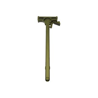 Olive-drab green long pry bar with a T-shaped head featuring two hammer-like ends, likely a breaching tool.
