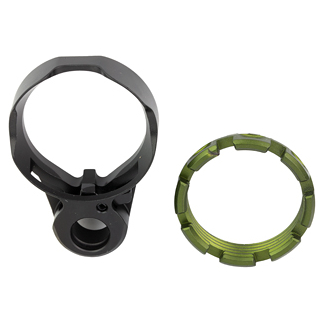 Two circular ring components with notches, one black and one olive green, shown on a white background.