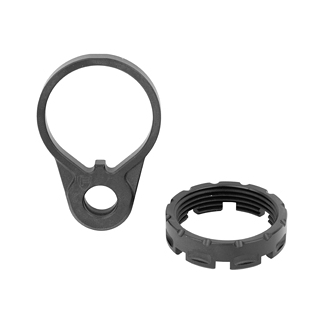 Two black circular rings: a large loop with a tab and center hole, plus a separate knurled ring—likely mounting clamp parts.