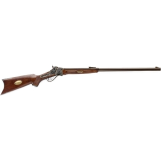 Side view of a long rifle with a polished wooden stock and long metal barrel.