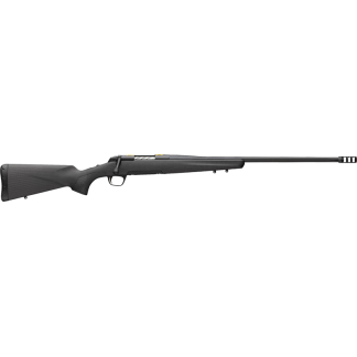Bolt-action rifle with a black synthetic stock and long barrel, including a muzzle brake at the tip.