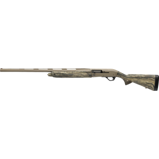 Bolt-action hunting rifle with a camouflaged stock and long barrel.