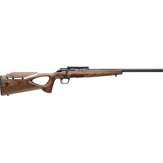 Bolt-action hunting rifle with a polished wooden stock and long black barrel, shown from the left side.