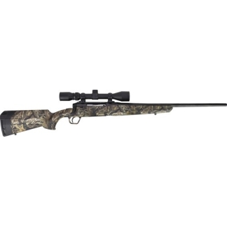 Camouflage-pattern bolt-action rifle with a mounted scope