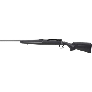 Black rifle with a long barrel and a black synthetic stock, shown in a side view