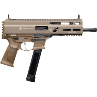 Tan semi-automatic rifle with a long Picatinny handguard, top rails, and a curved detachable magazine attached underneath the grip area