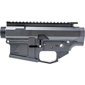 AR-style rifle receiver with Picatinny rail, exposed bolt group, and grip side view