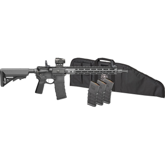 AR-15 style rifle with optic, quad-rail handguard, magazine, and a black soft rifle case.