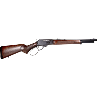 Lever-action rifle with wooden stock and metal receiver, shown from the left side.