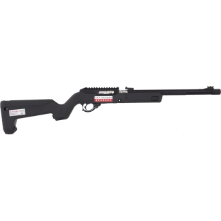 Black sporting air rifle with synthetic stock, long barrel, and upgrade label on the receiver area (informative product image).