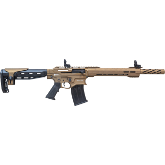 Tan and black modern assault rifle with a detachable magazine and tactical handguard (AR-15 style).