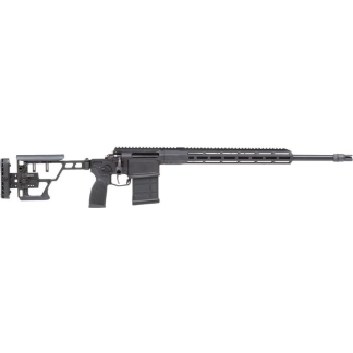Black semi-automatic rifle with a collapsible stock, pistol grip, and long Rail Platform with a detachable magazine; photographed from the left side.