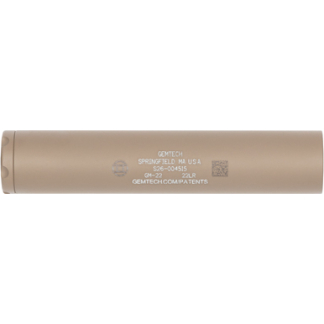 Beige cylindrical tube with engraved Gemtech branding and a QR code on its side.