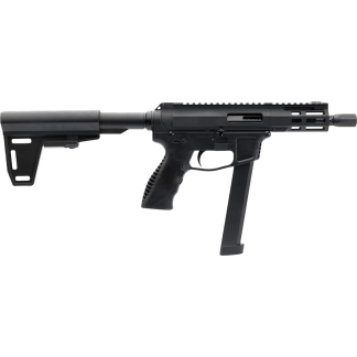 Black assault rifle shown in profile with a collapsible stock, pistol grip, and a downward magazine
