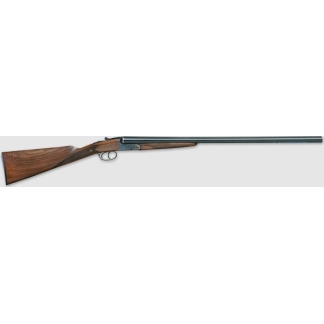 Side view of a wooden-stock shotgun with a long metal barrel on a light background.