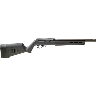 Side-profile view of a black tactical rifle with adjustable stock, long barrel, and top rail.