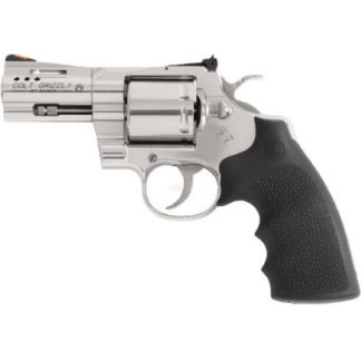 Side view of a silver revolver with a black textured grip, shown in profile