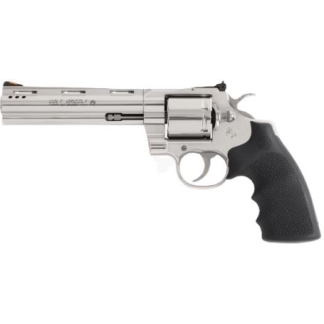 Chrome revolver with black grip, single-action handgun viewed from the side.