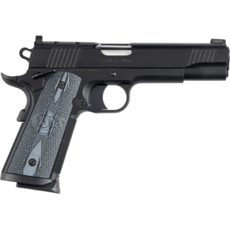 Side view of a black semi-automatic handgun with a textured grip.