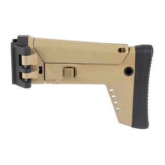 Tan folding tactical rifle stock with a black rubber butt pad, showing the foldable hinge and mounting area on the left.
