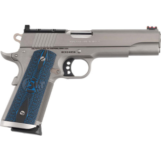 Side view of a silver semi-automatic pistol with blue textured grips, shown from the left.