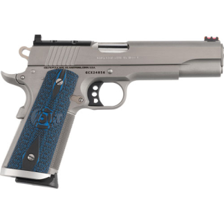 Side profile of a silver semi-automatic handgun with blue textured grip panels and accessory rails, facing right.