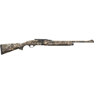 Camouflage-pattern bolt-action hunting rifle with a long barrel and scope rail, shown sideways from the left.