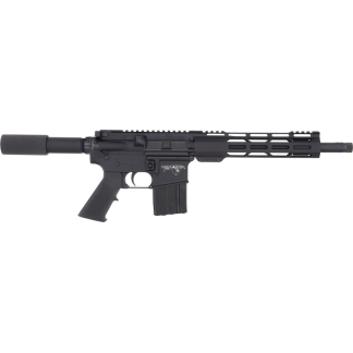 Side view of a black AR-style rifle with a long handguard, a visible magazine, and a muzzle device.