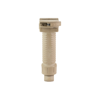Beige plastic inline irrigation connector with a ribbed middle section and threaded ends.