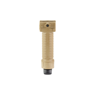 Tan ribbed vertical grip accessory with a small black end cap at the bottom and a tiny mounting hole at the top.