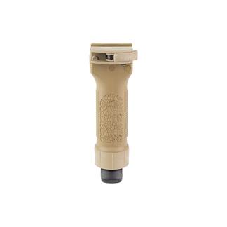 Tan vertical foregrip for a rifle on a handguard, with textured grip surface and mounting at the top edge of the handguard.