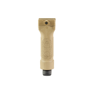 Tan vertical foregrip attachment for a firearm with a textured grip and a small top lens/sensor areaie.