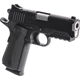 Black semi-automatic pistol shown from the left with a textured grip and visible trigger guard.
