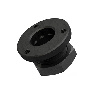 Black metal flange adapter: circular plate with four mounting holes and a threaded central bore on a square base.